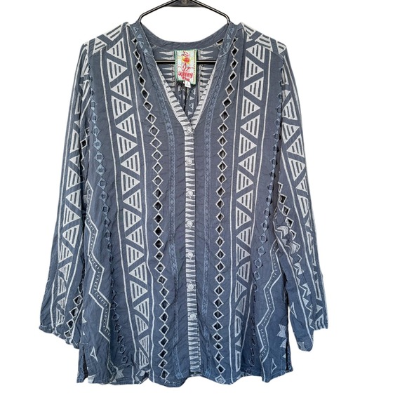 Johnny Was Tops - Johnny Was Shirt Womens Small Blue Geometric Embroidered Boho Long Sleeve Tunic